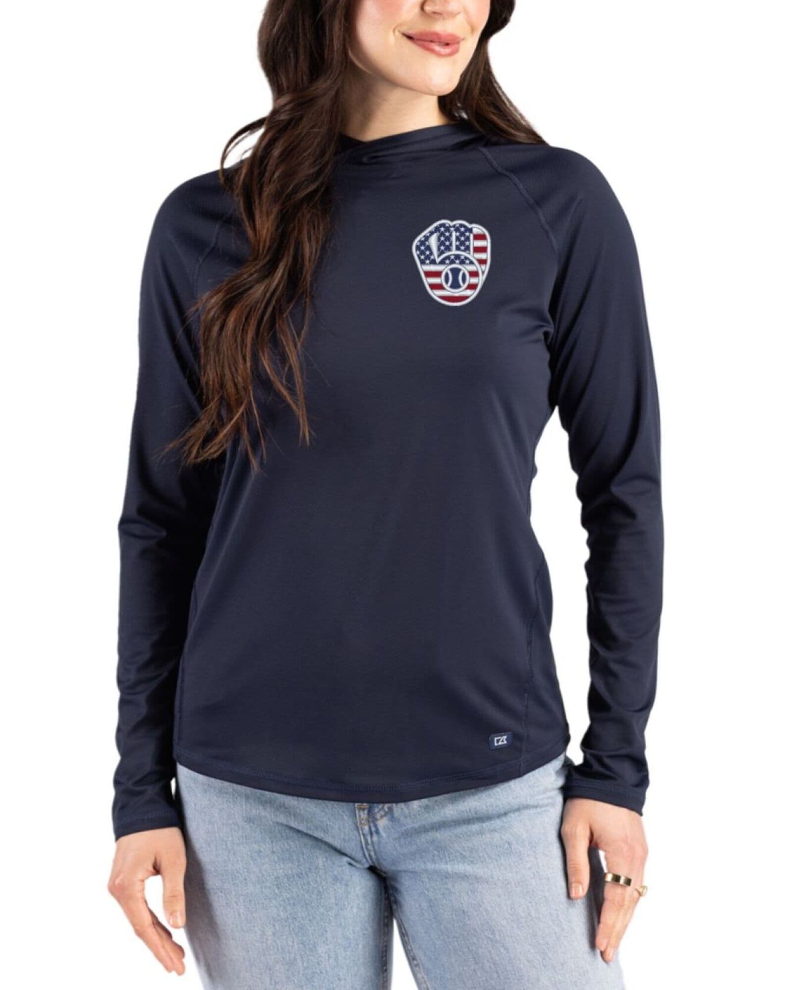 Women's Milwaukee Brewers Cutter & Buck Stars And Stripes Navy Blue Prospect Featherlight Stretch Hooded Pullover