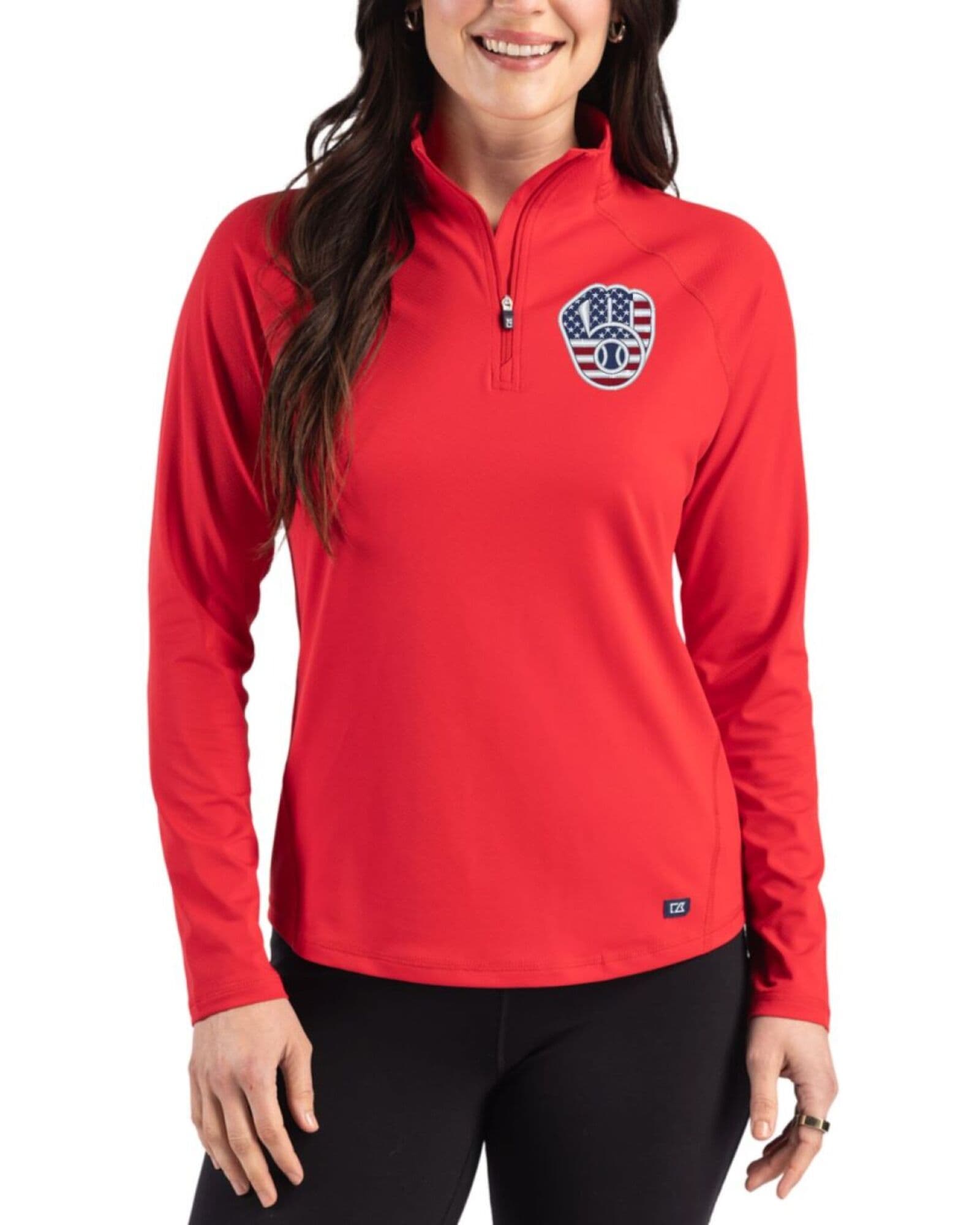Women's Milwaukee Brewers Cutter & Buck Stars And Stripes Red Prospect Featherlight Stretch Quarter Zip