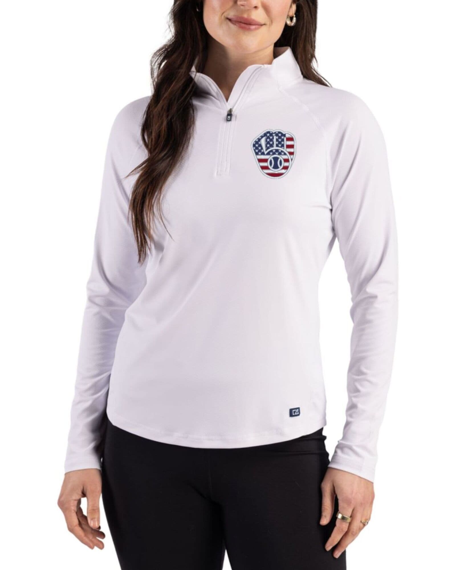 Women's Milwaukee Brewers Cutter & Buck Stars And Stripes White Prospect Featherlight Stretch Quarter Zip