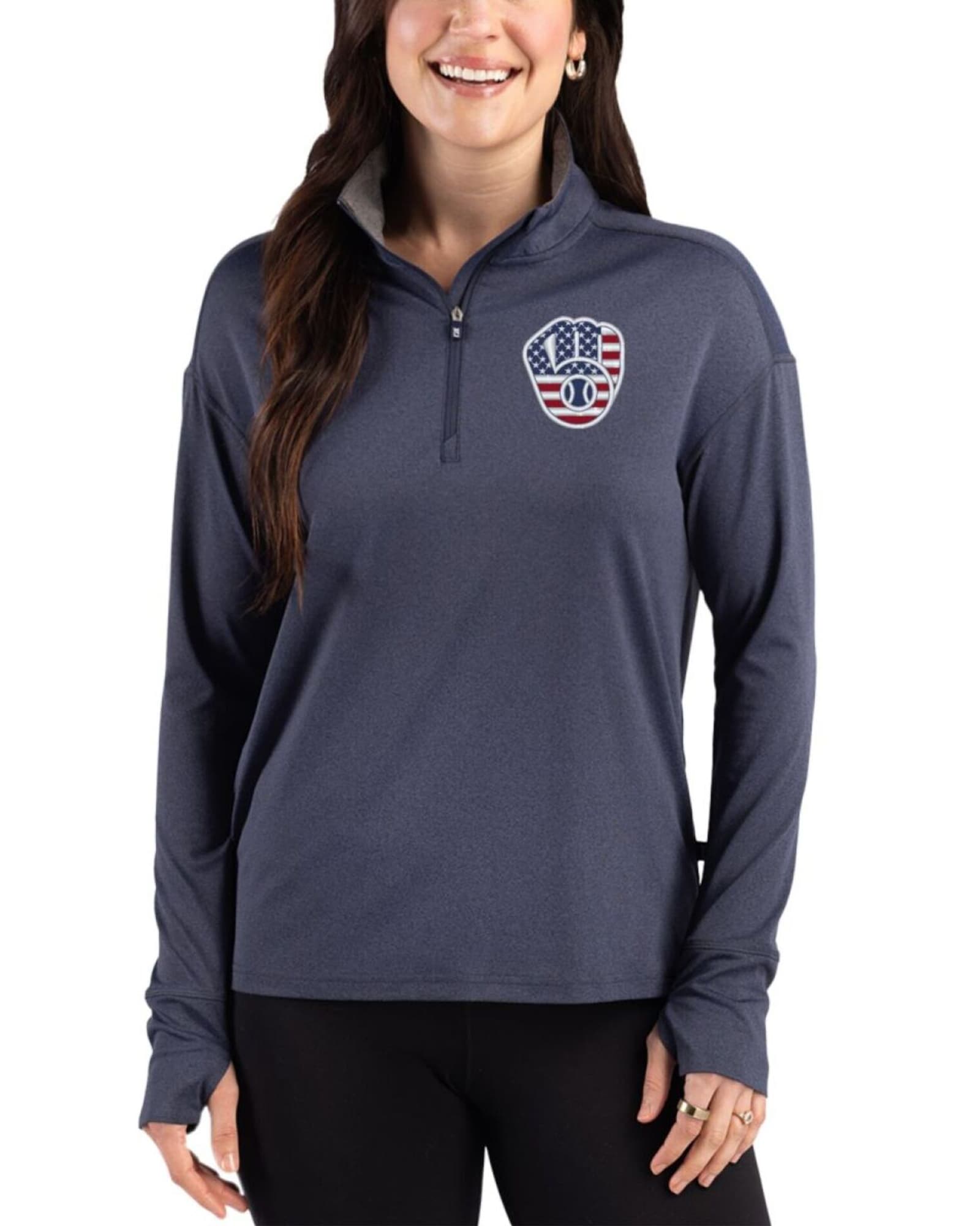 Women's Milwaukee Brewers Cutter & Buck Stars And Stripes Dark Navy Blue Heather Forge Four-Way Stretch Quarter Zip Pullover
