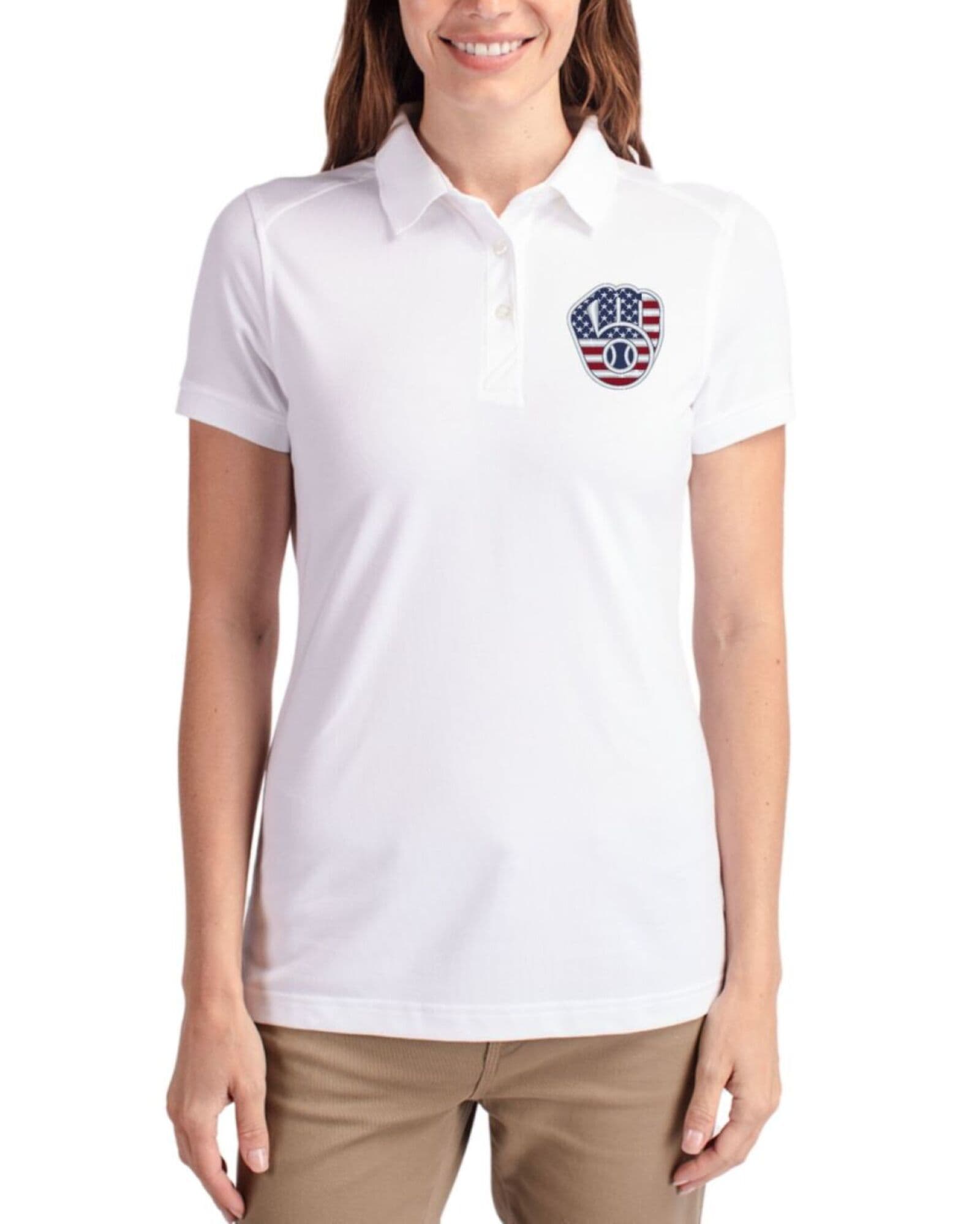 Women's Milwaukee Brewers Cutter & Buck Stars And Stripes White Advantage Cotton-Blend Pique Polo