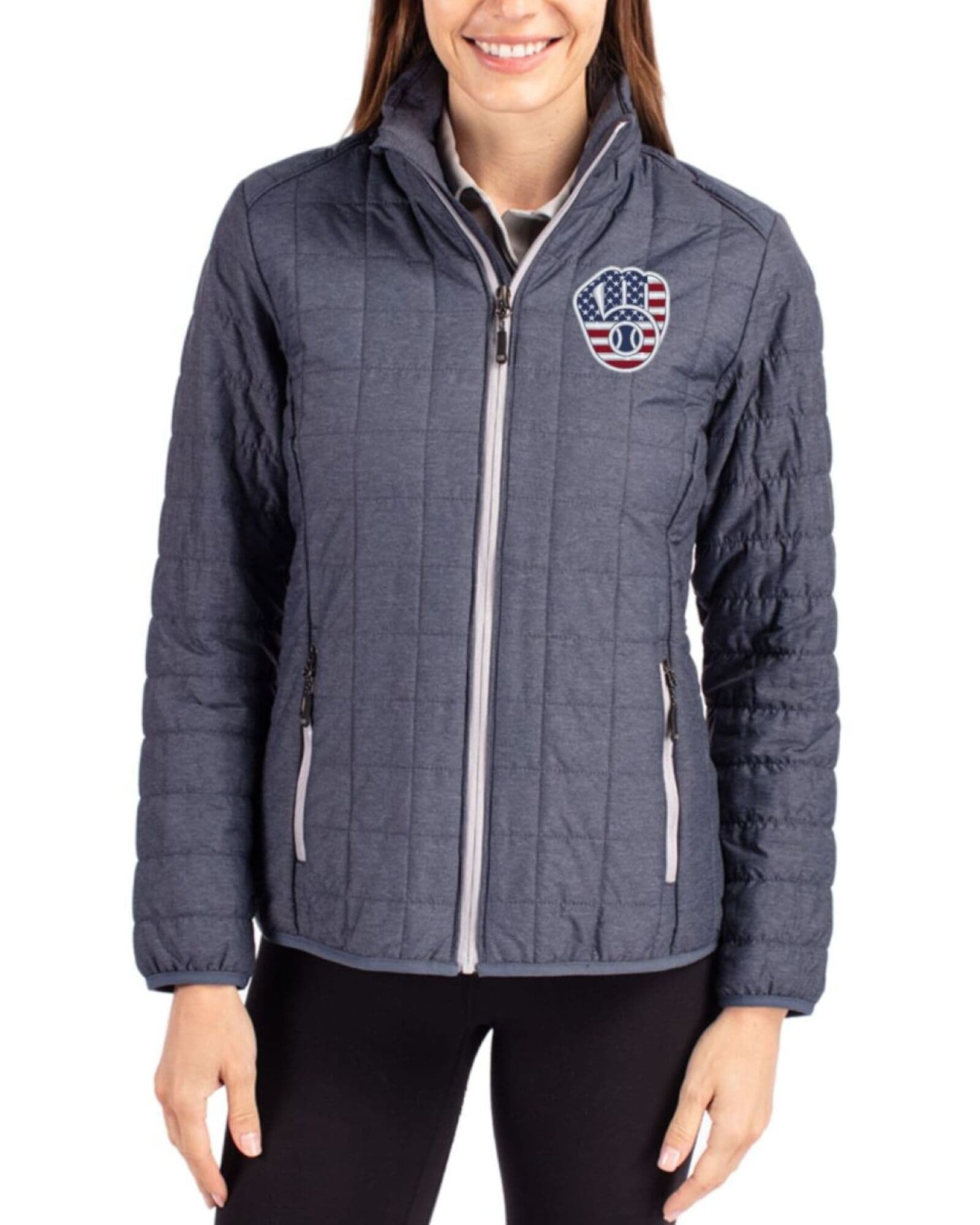 Women's Milwaukee Brewers Cutter & Buck Stars And Stripes Anthracite Melange Rainier Insulated Puffer Full Zip Jacket