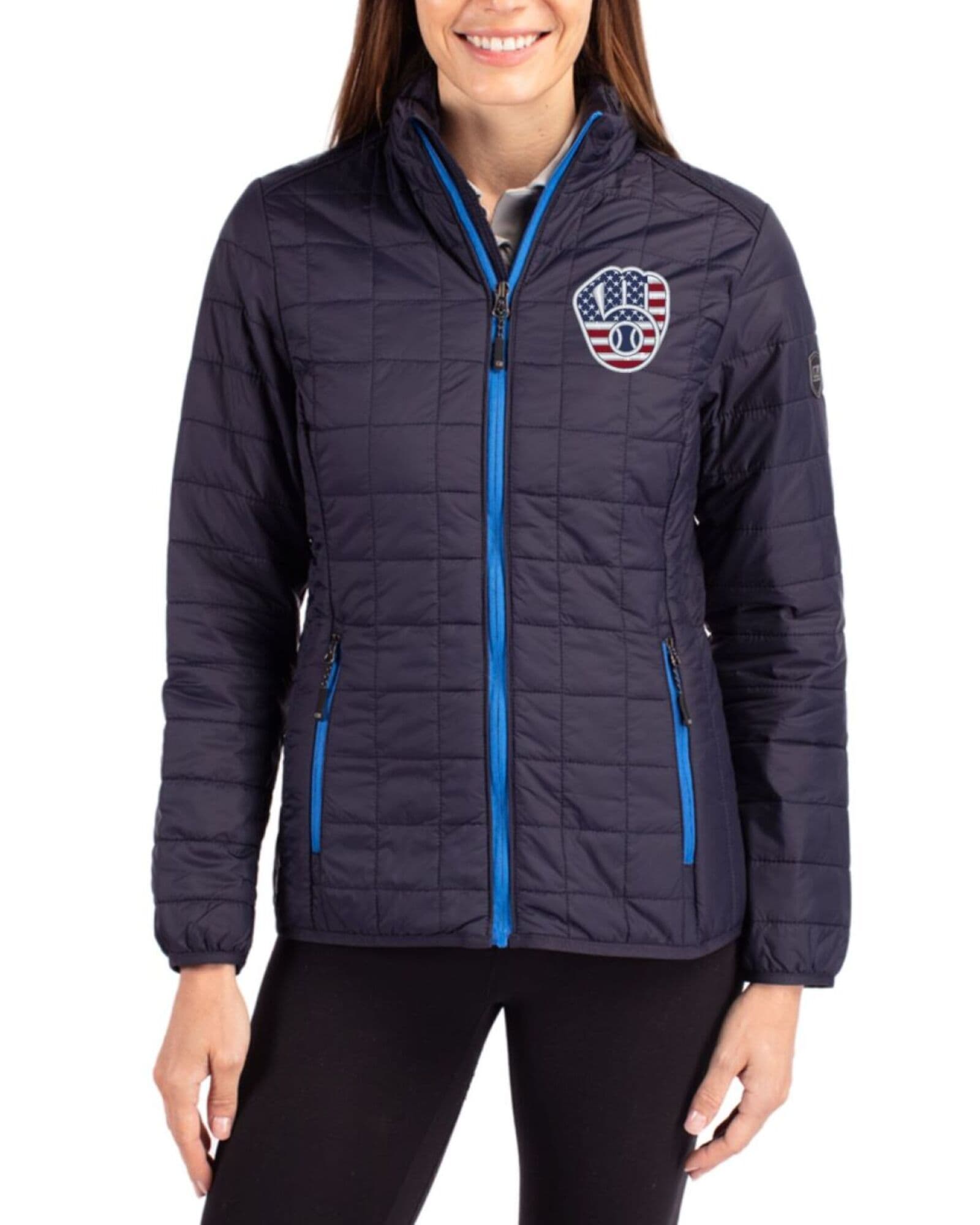Women's Milwaukee Brewers Cutter & Buck Stars And Stripes Dark Navy Rainier Insulated Puffer Full Zip Jacket