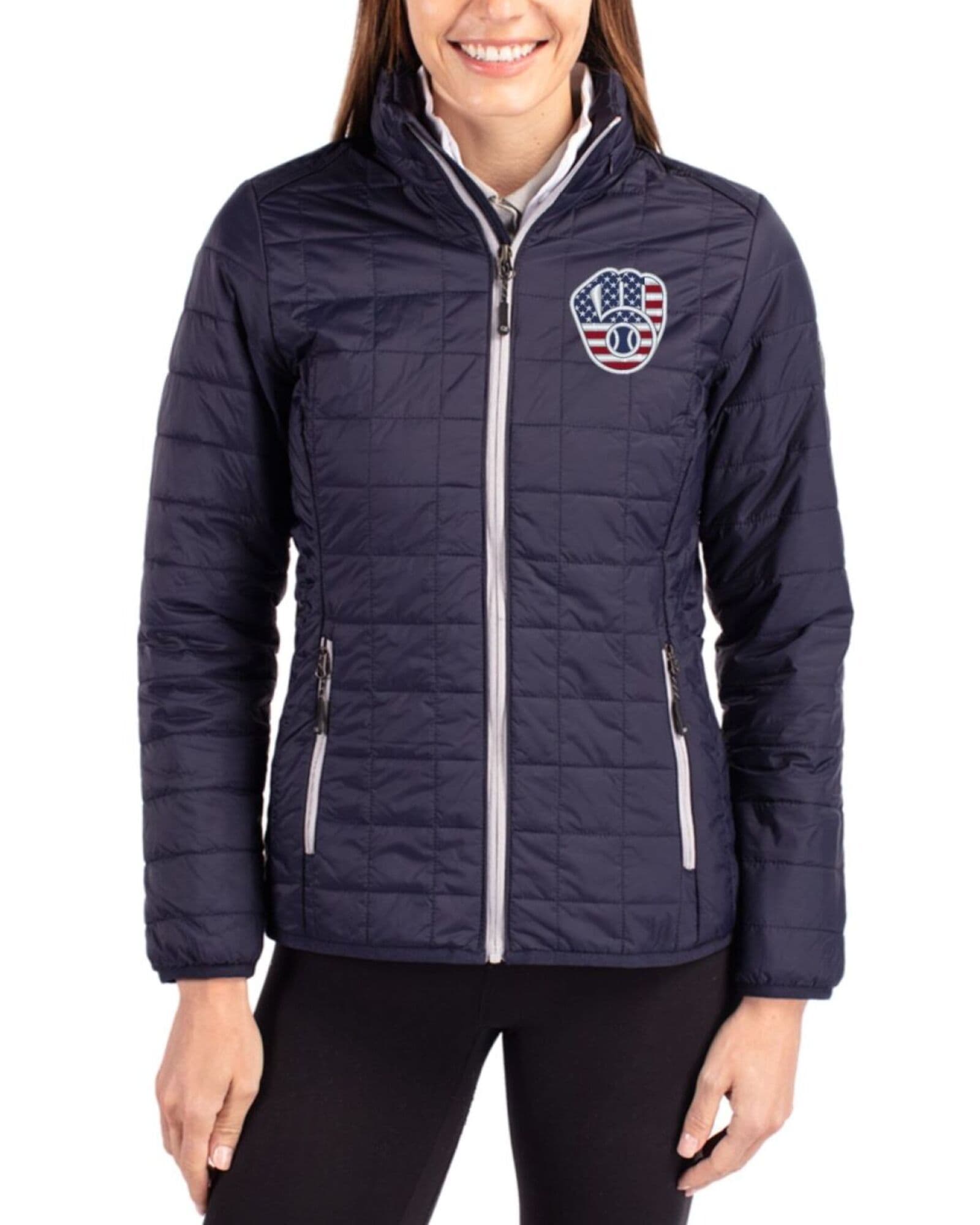 Women's Milwaukee Brewers Cutter & Buck Stars And Stripes Dark Navy/Silver Rainier Insulated Puffer Full Zip Jacket
