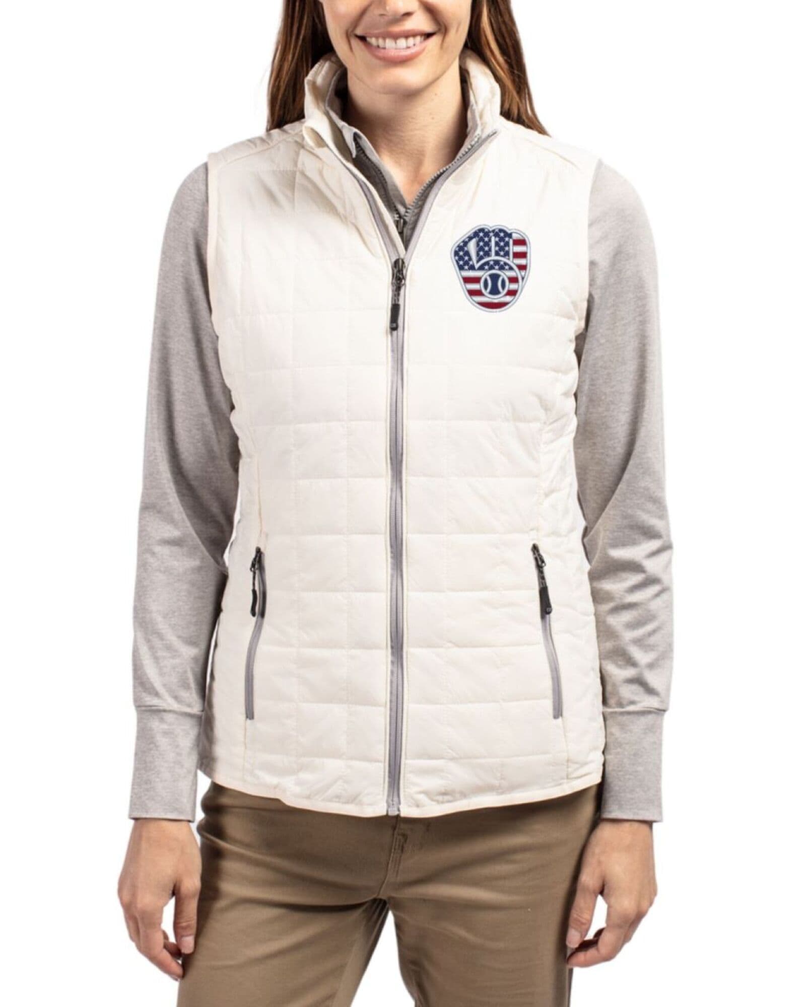 Women's Milwaukee Brewers Cutter & Buck Stars And Stripes Coconut Rainier Insulated Puffer Full Zip Vest