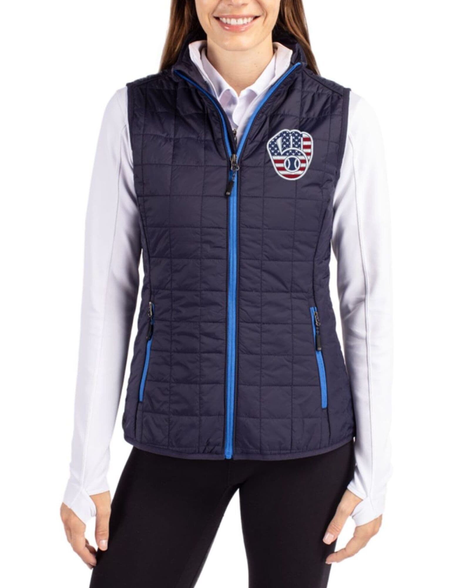 Women's Milwaukee Brewers Cutter & Buck Stars And Stripes Dark Navy Rainier Insulated Puffer Full Zip Vest