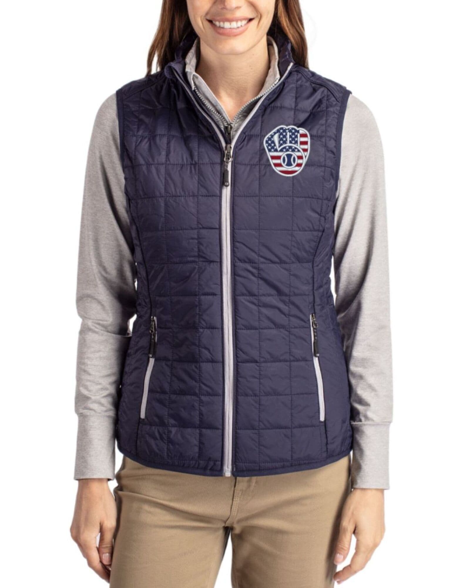 Women's Milwaukee Brewers Cutter & Buck Stars And Stripes Dark Navy/Silver Rainier Insulated Puffer Full Zip Vest