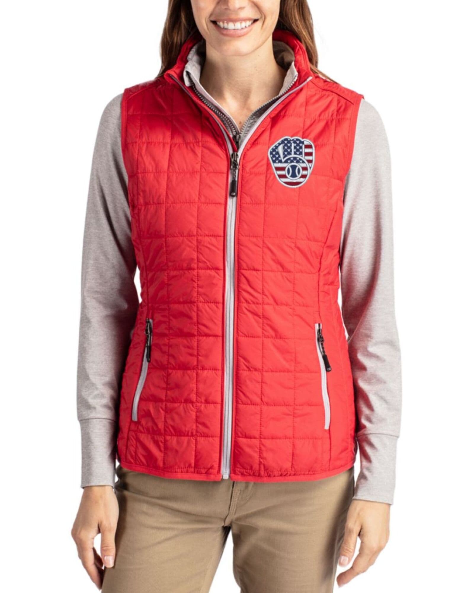 Women's Milwaukee Brewers Cutter & Buck Stars And Stripes Red Rainier Insulated Puffer Full Zip Vest