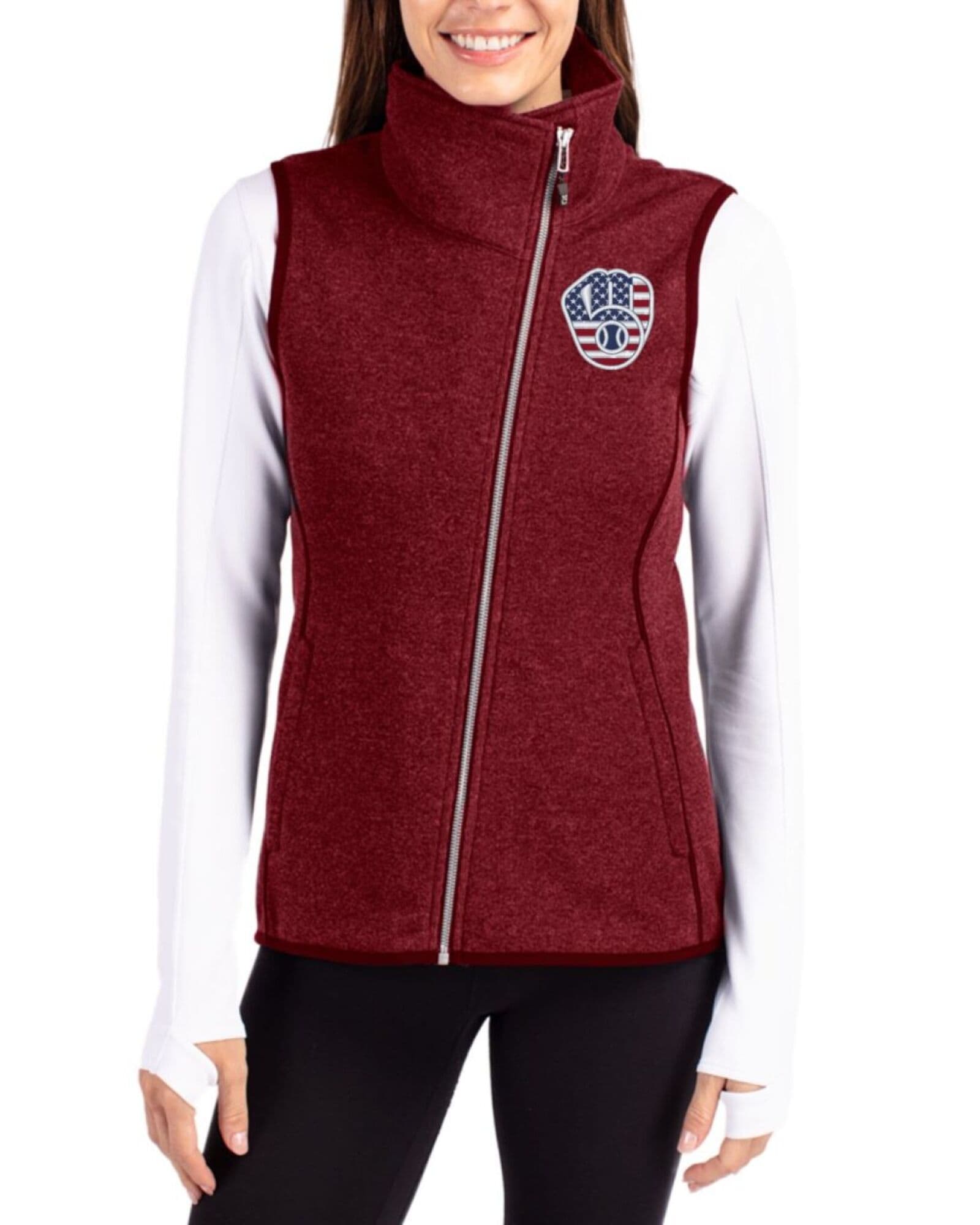 Women's Milwaukee Brewers Cutter & Buck Stars And Stripes Cardinal Red Heather Mainsail Sweater-Knit Full Zip Asymmetrical Vest