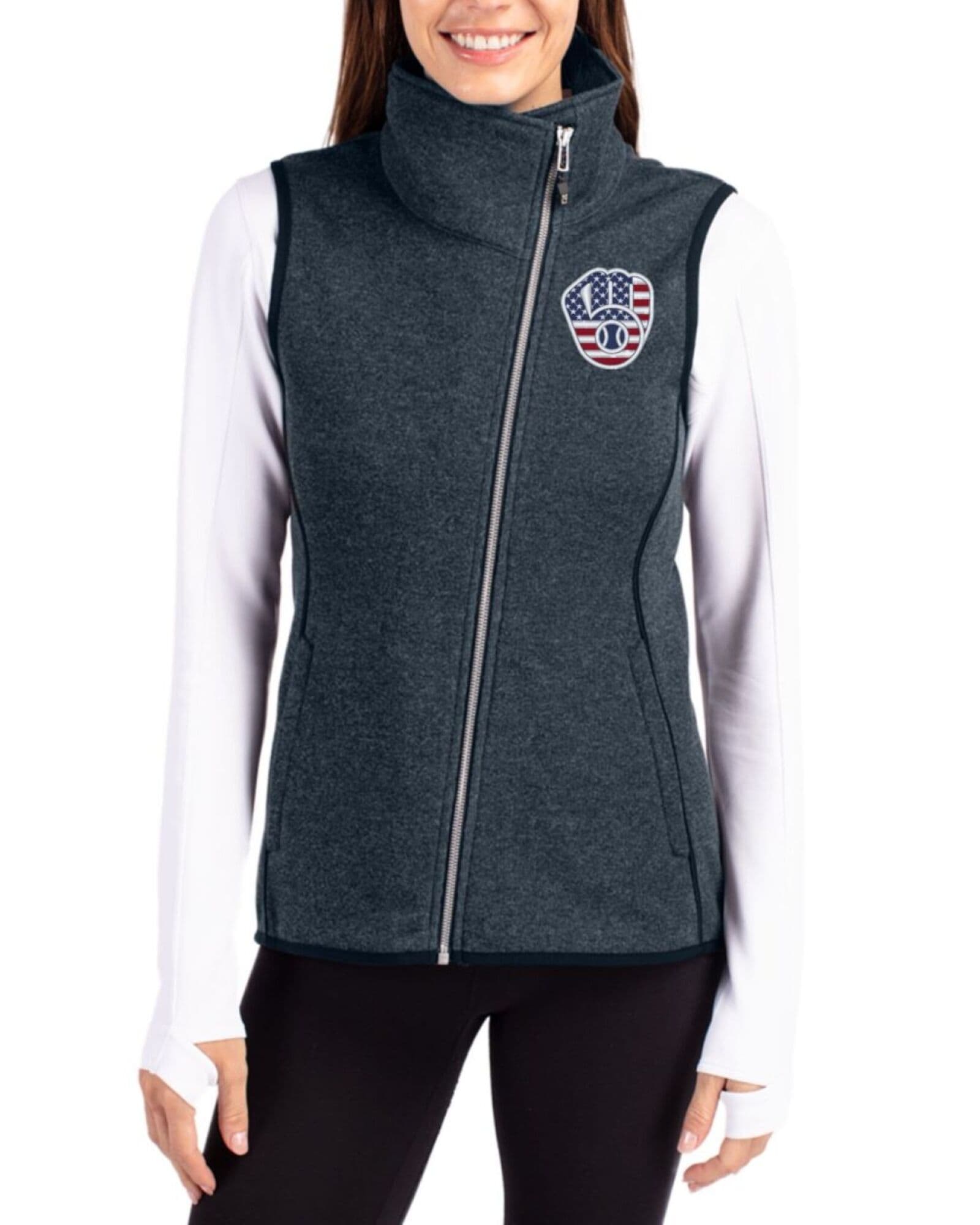 Women's Milwaukee Brewers Cutter & Buck Stars And Stripes Liberty Navy Heather Mainsail Sweater-Knit Full Zip Asymmetrical Vest
