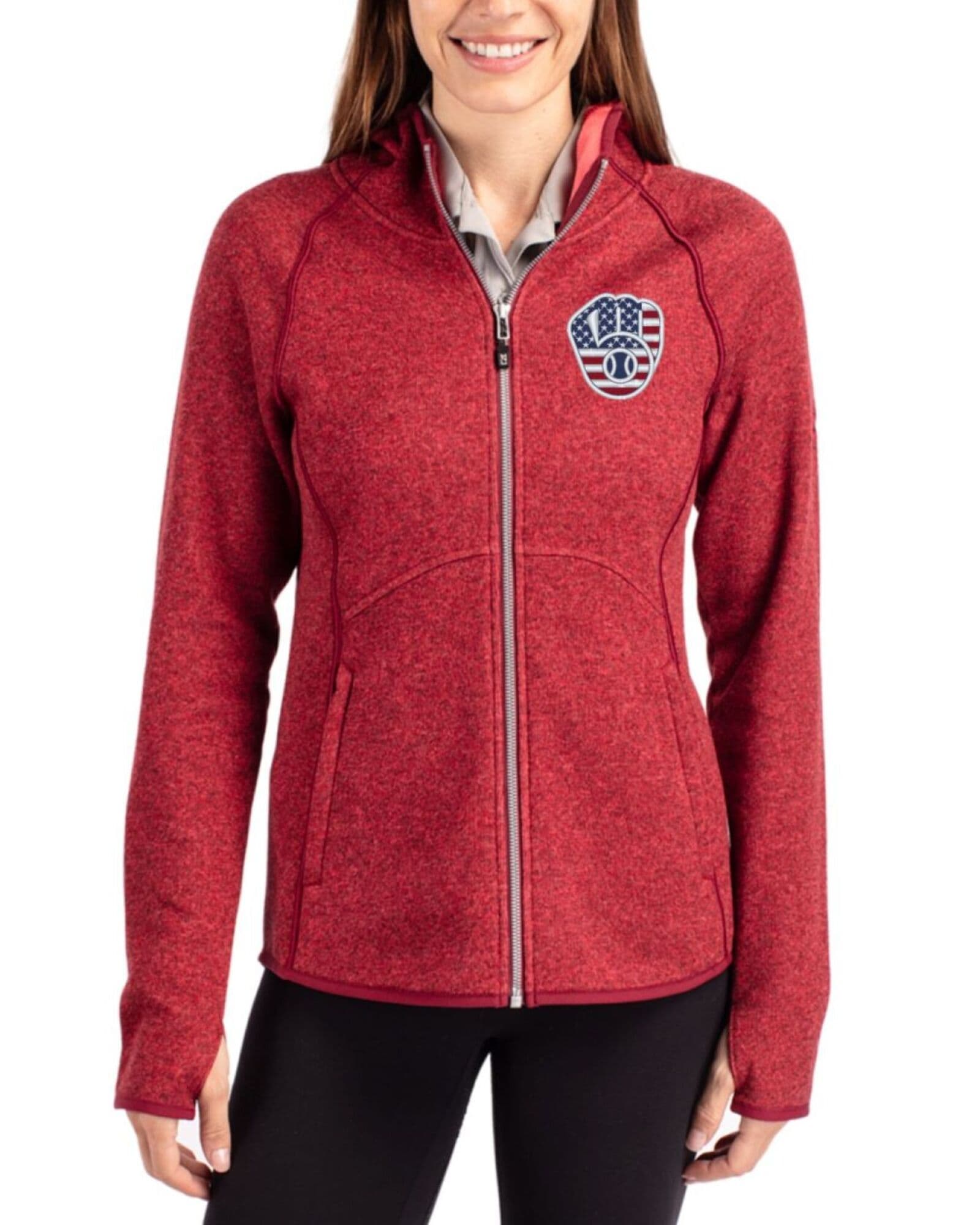 Women's Milwaukee Brewers Cutter & Buck Stars And Stripes Cardinal Red Heather Mainsail Sweater-Knit Full Zip Hooded Jacket