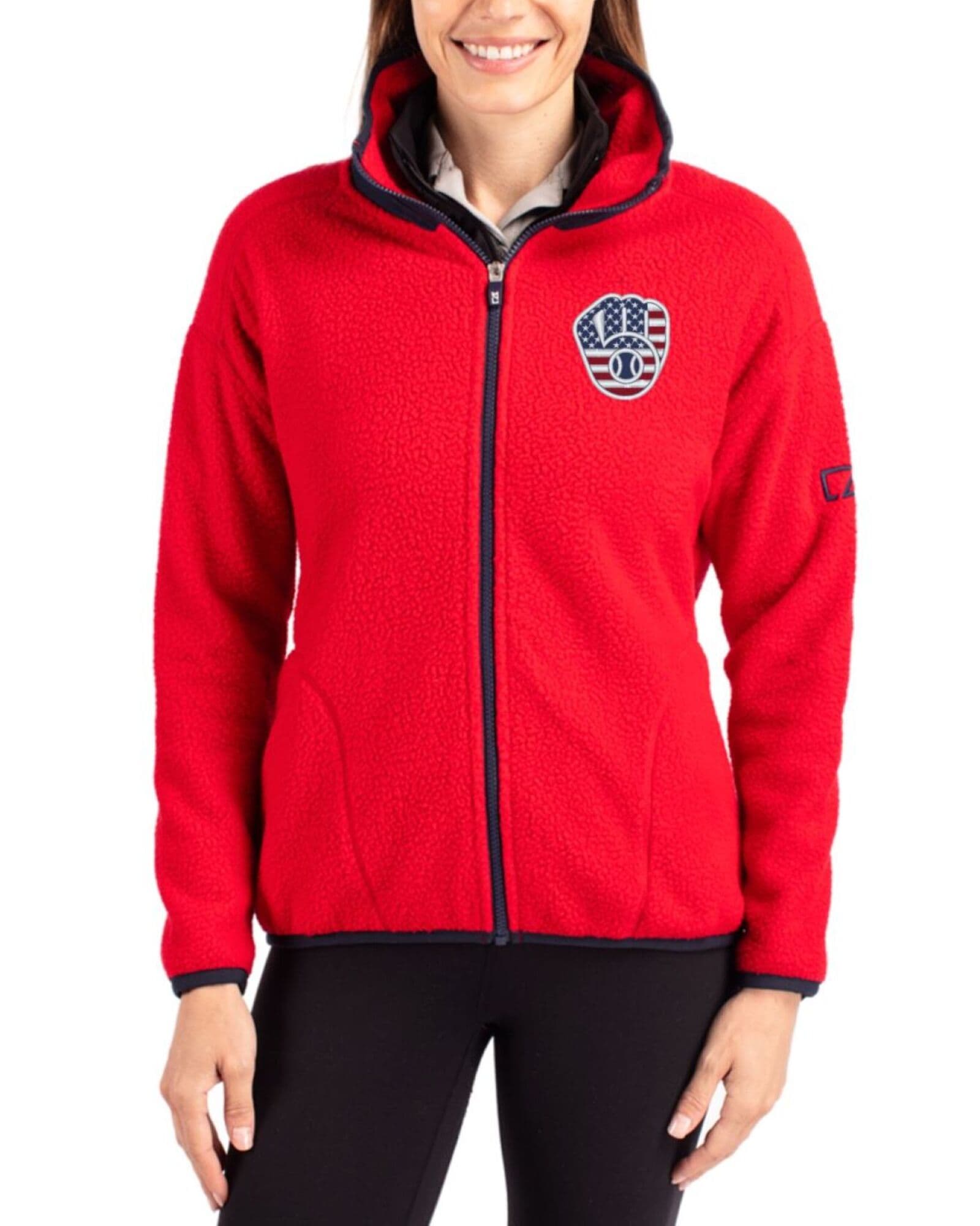 Women's Milwaukee Brewers Cutter & Buck Stars And Stripes Red/Navy Blue Cascade Epic Comfort Sherpa Fleece Full Zip Jacket