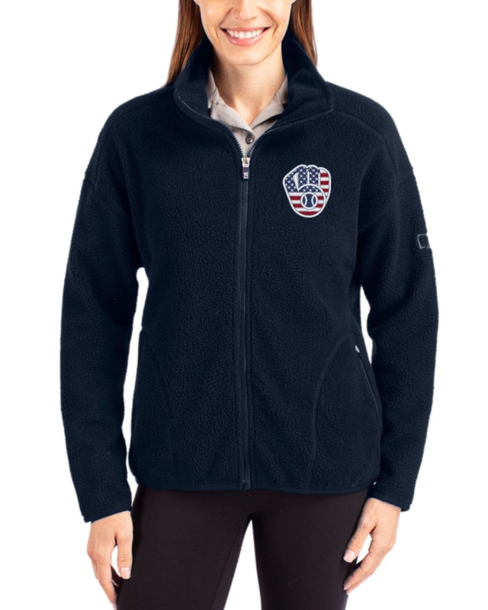 Women's Milwaukee Brewers Cutter & Buck Stars And Stripes Navy Blue Cascade Epic Comfort Sherpa Fleece Full Zip Jacket