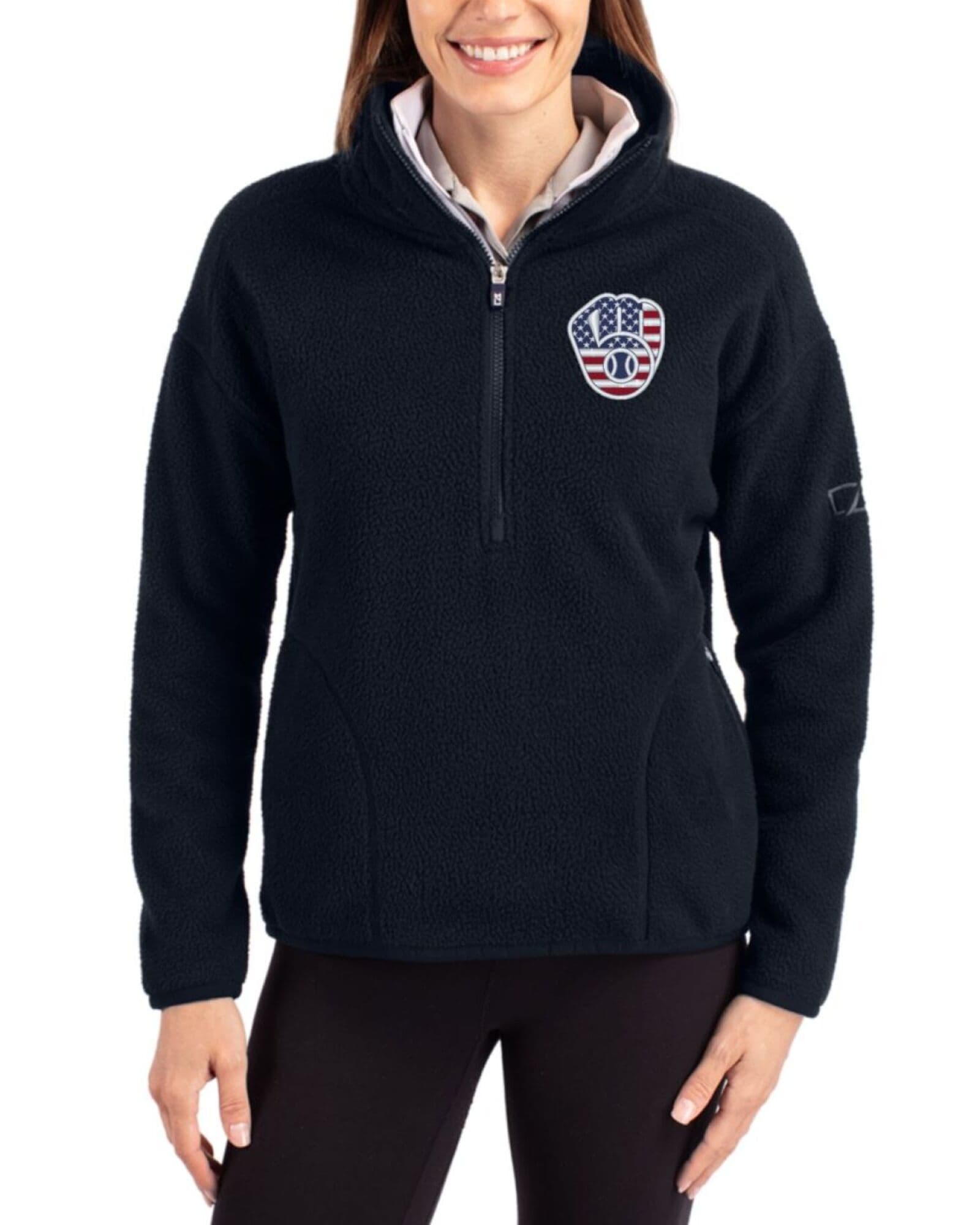 Women's Milwaukee Brewers Cutter & Buck Stars And Stripes Navy Blue Cascade Epic Comfort Sherpa Fleece Pullover Jacket