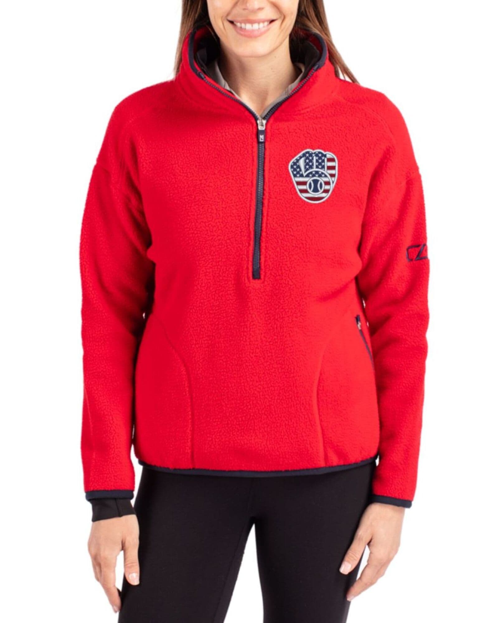 Women's Milwaukee Brewers Cutter & Buck Stars And Stripes Red/Navy Blue Cascade Epic Comfort Sherpa Fleece Pullover Jacket