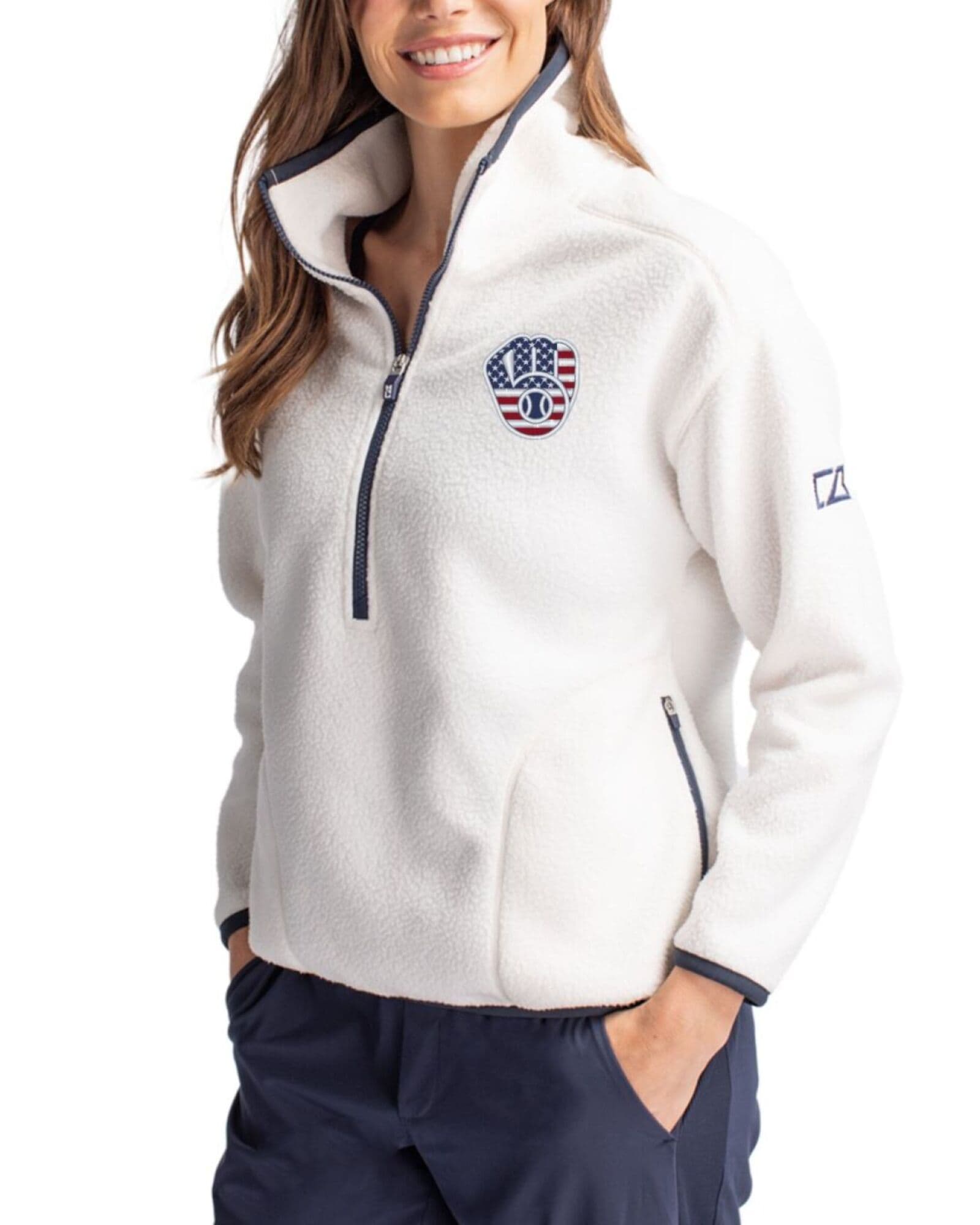 Women's Milwaukee Brewers Cutter & Buck Stars And Stripes Shell/Navy Blue Cascade Epic Comfort Sherpa Fleece Pullover Jacket