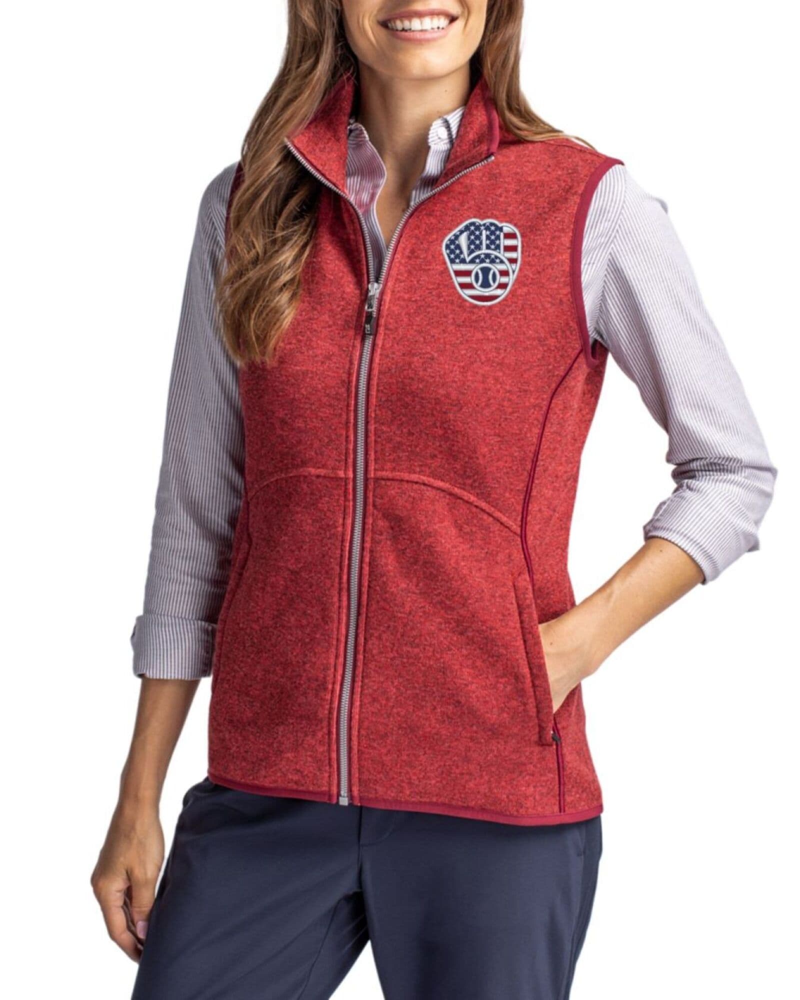Women's Milwaukee Brewers Cutter & Buck Stars And Stripes Cardinal Red Heather Mainsail Sweater-Knit Full Zip Vest