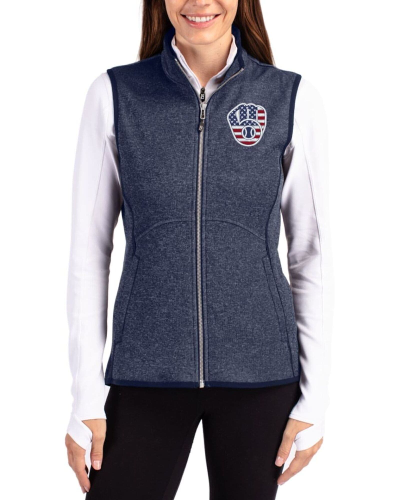 Women's Milwaukee Brewers Cutter & Buck Stars And Stripes Liberty Navy Heather Mainsail Sweater-Knit Full Zip Vest