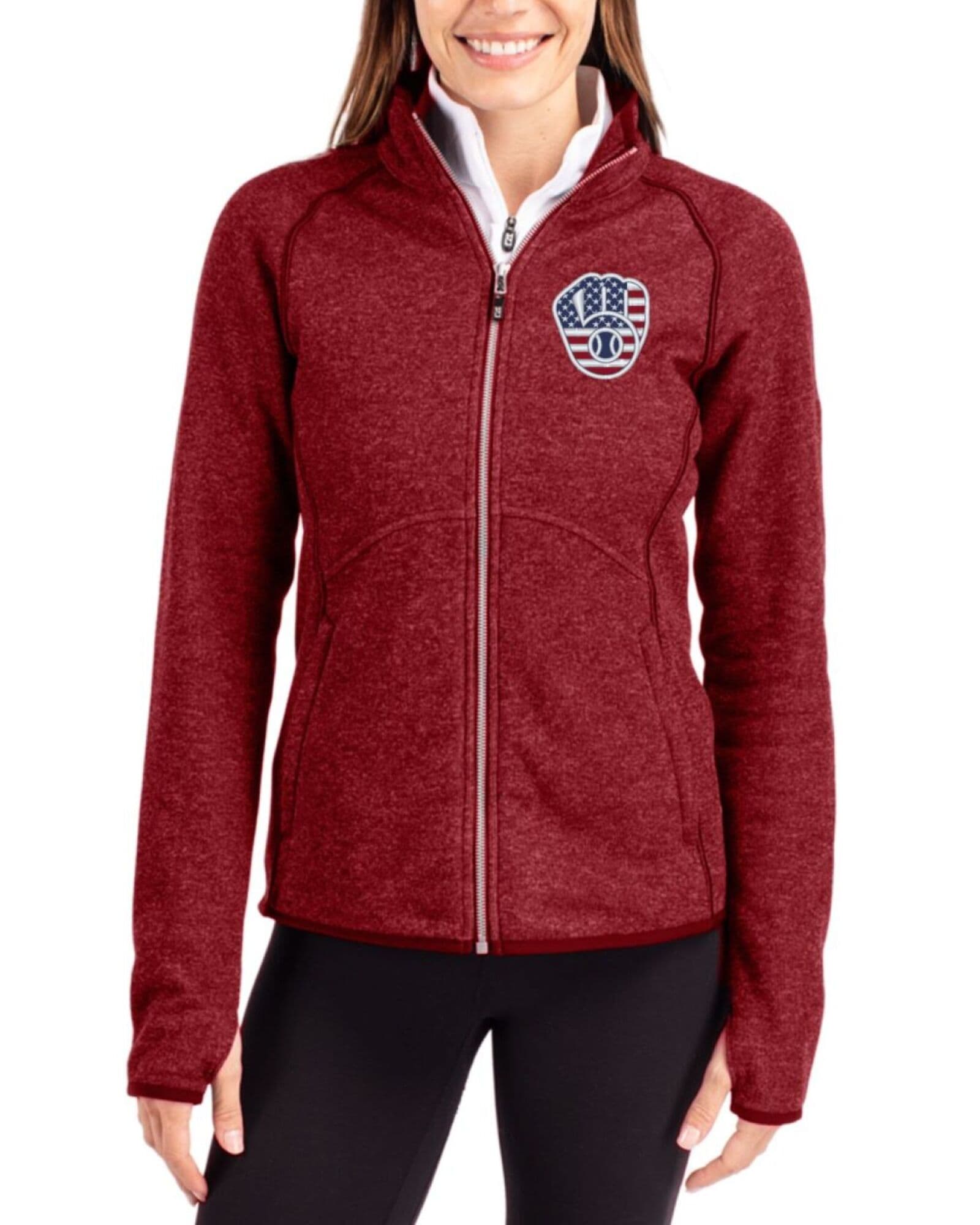Women's Milwaukee Brewers Cutter & Buck Stars And Stripes Cardinal Red Heather Mainsail Sweater-Knit Full Zip Jacket