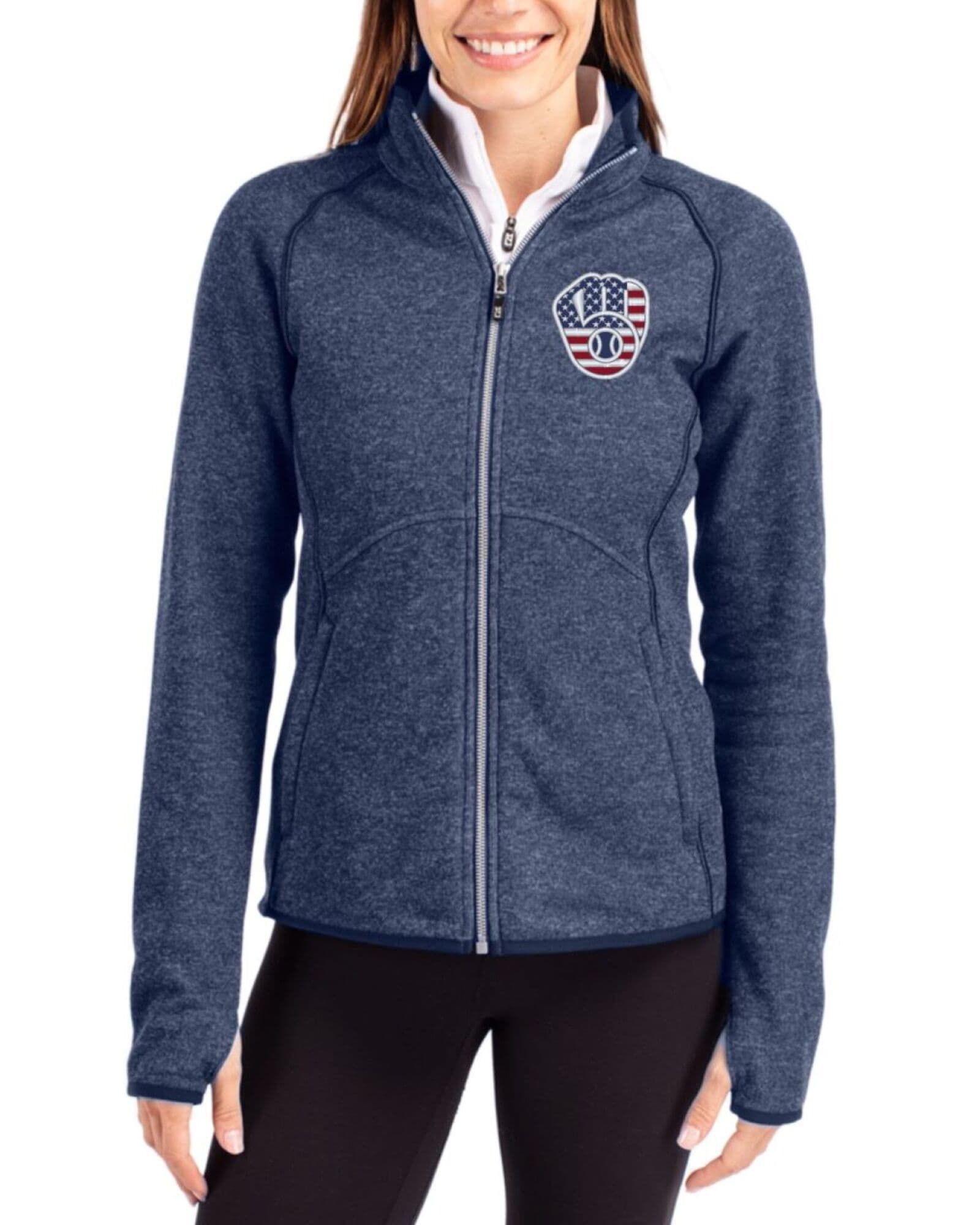 Women's Milwaukee Brewers Cutter & Buck Stars And Stripes Liberty Navy Heather Mainsail Sweater-Knit Full Zip Jacket