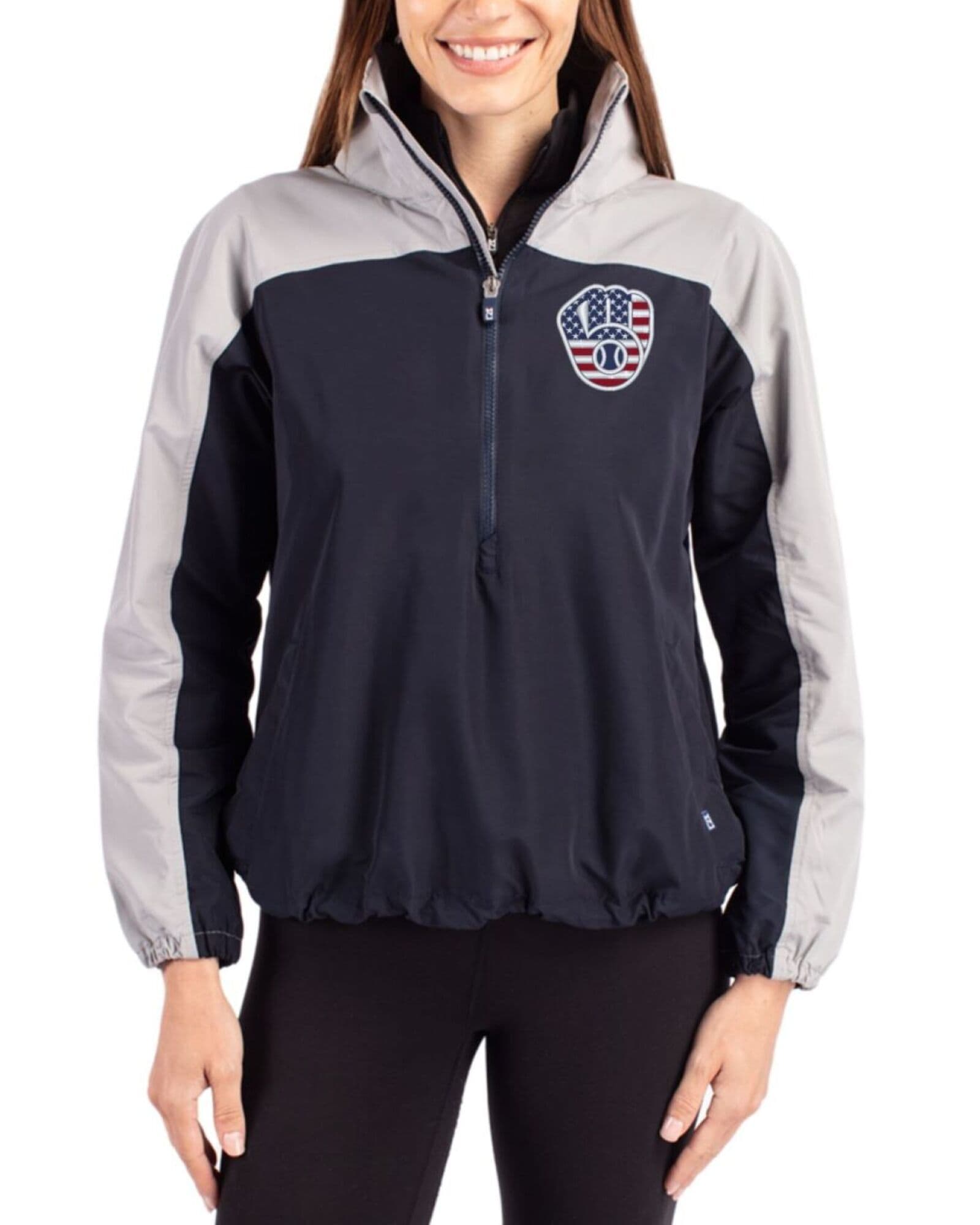 Women's Milwaukee Brewers Cutter & Buck Stars And Stripes Navy Blue/Polished Charter Packable Half Zip Anorak Jacket