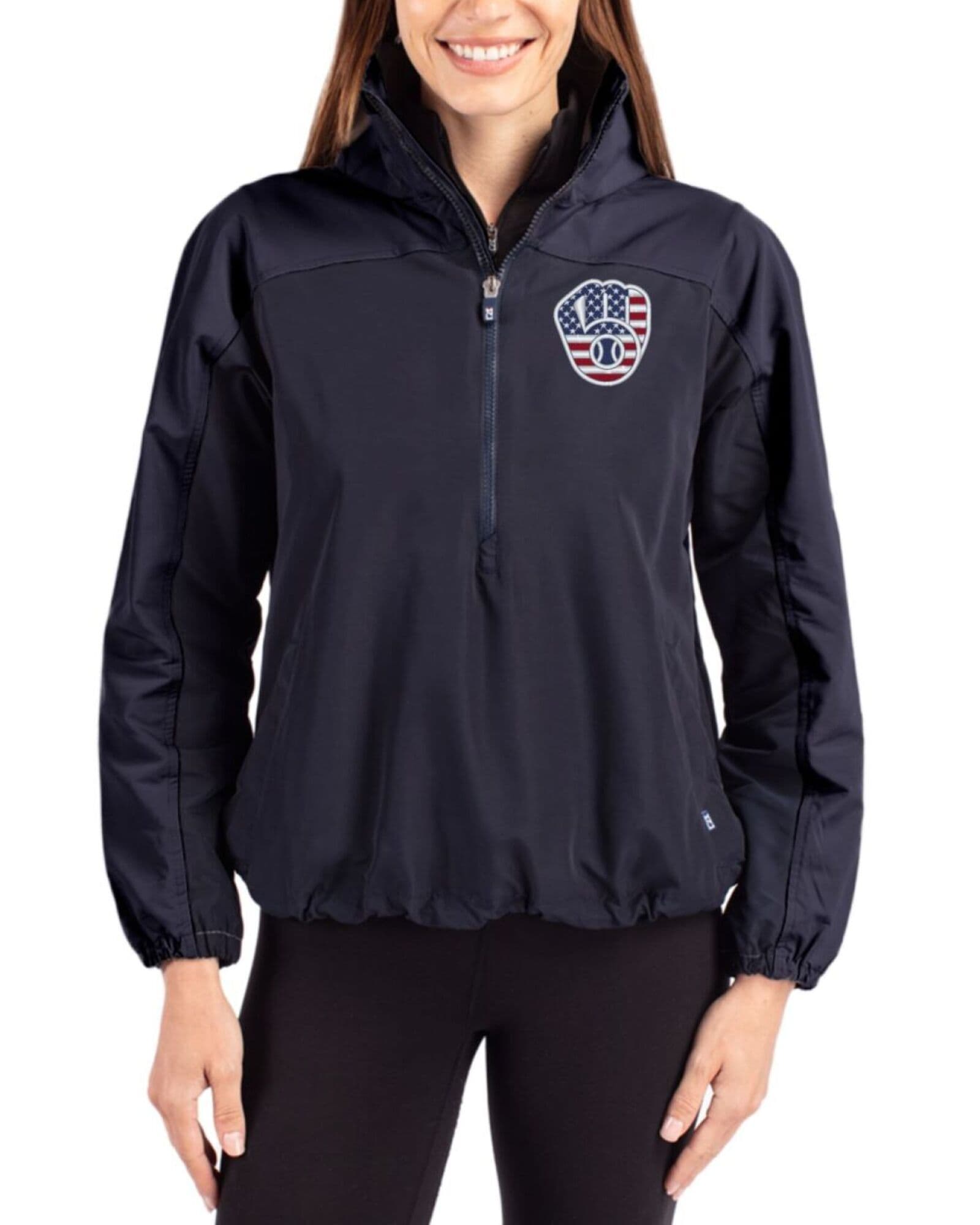 Women's Milwaukee Brewers Cutter & Buck Stars And Stripes Navy Blue Charter Packable Half Zip Anorak Jacket