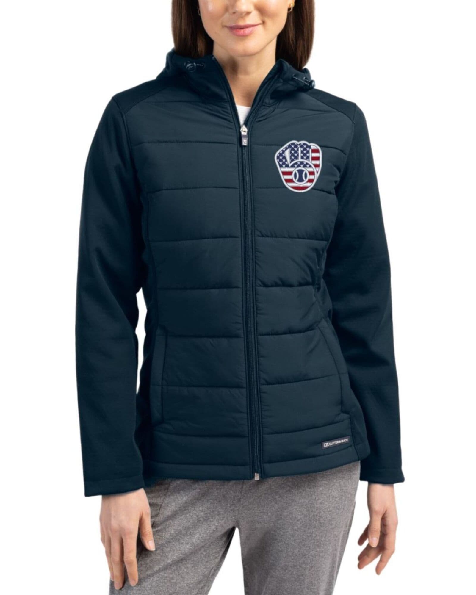 Women's Milwaukee Brewers Cutter & Buck Stars And Stripes Navy Blue Evoke Honeycomb Fleece Hybrid Full Zip Jacket