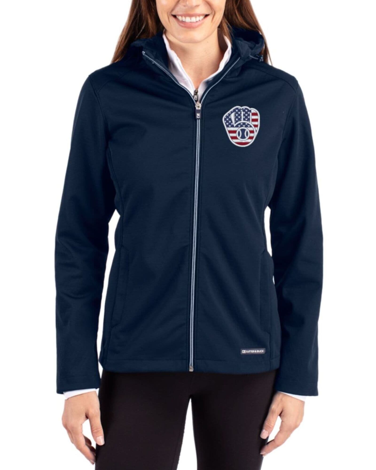 Women's Milwaukee Brewers Cutter & Buck Stars And Stripes Navy Blue Evoke Honeycomb Fleece Full Zip Jacket