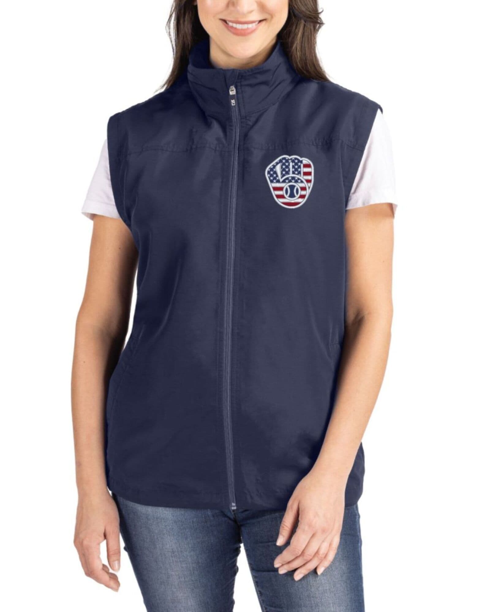 Women's Milwaukee Brewers Cutter & Buck Stars And Stripes Navy Blue Charter Packable Full Zip Vest