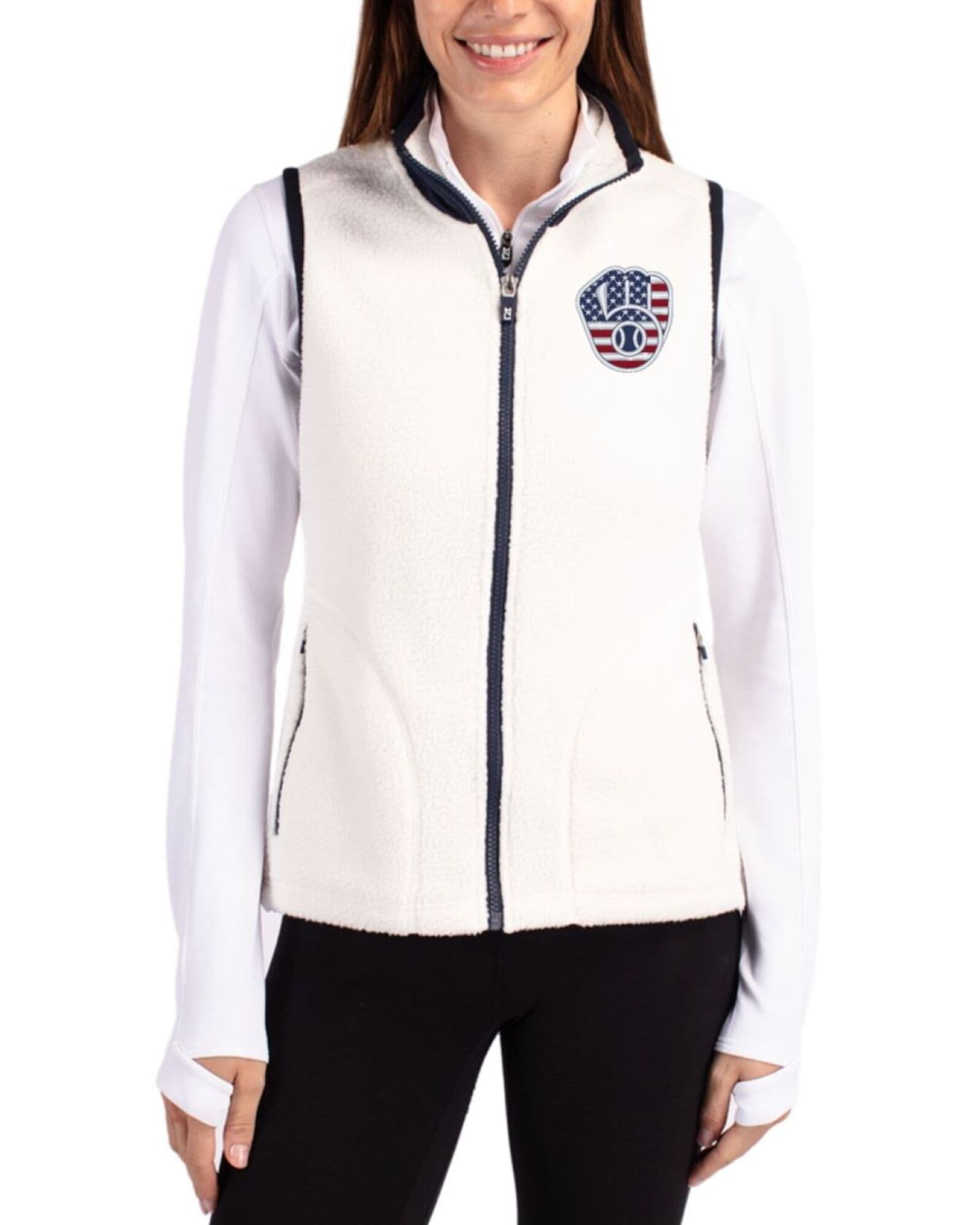 Women's Milwaukee Brewers Cutter & Buck Stars And Stripes Shell/Navy Blue Cascade Epic Comfort Sherpa Fleece Full Zip Vest