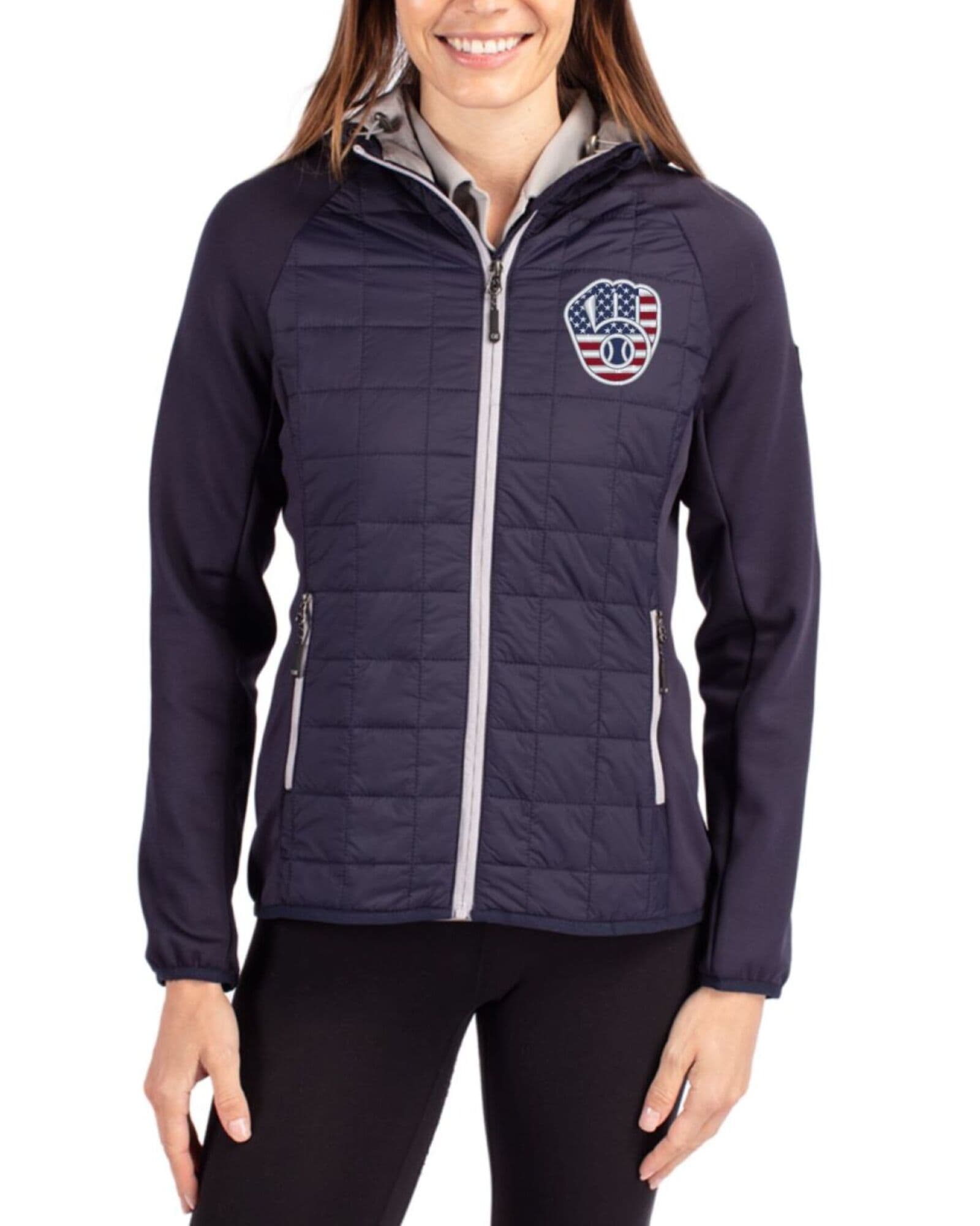 Women's Milwaukee Brewers Cutter & Buck Stars And Stripes Dark Navy Rainier Insulated Hybrid Puffer Full Zip Jacket