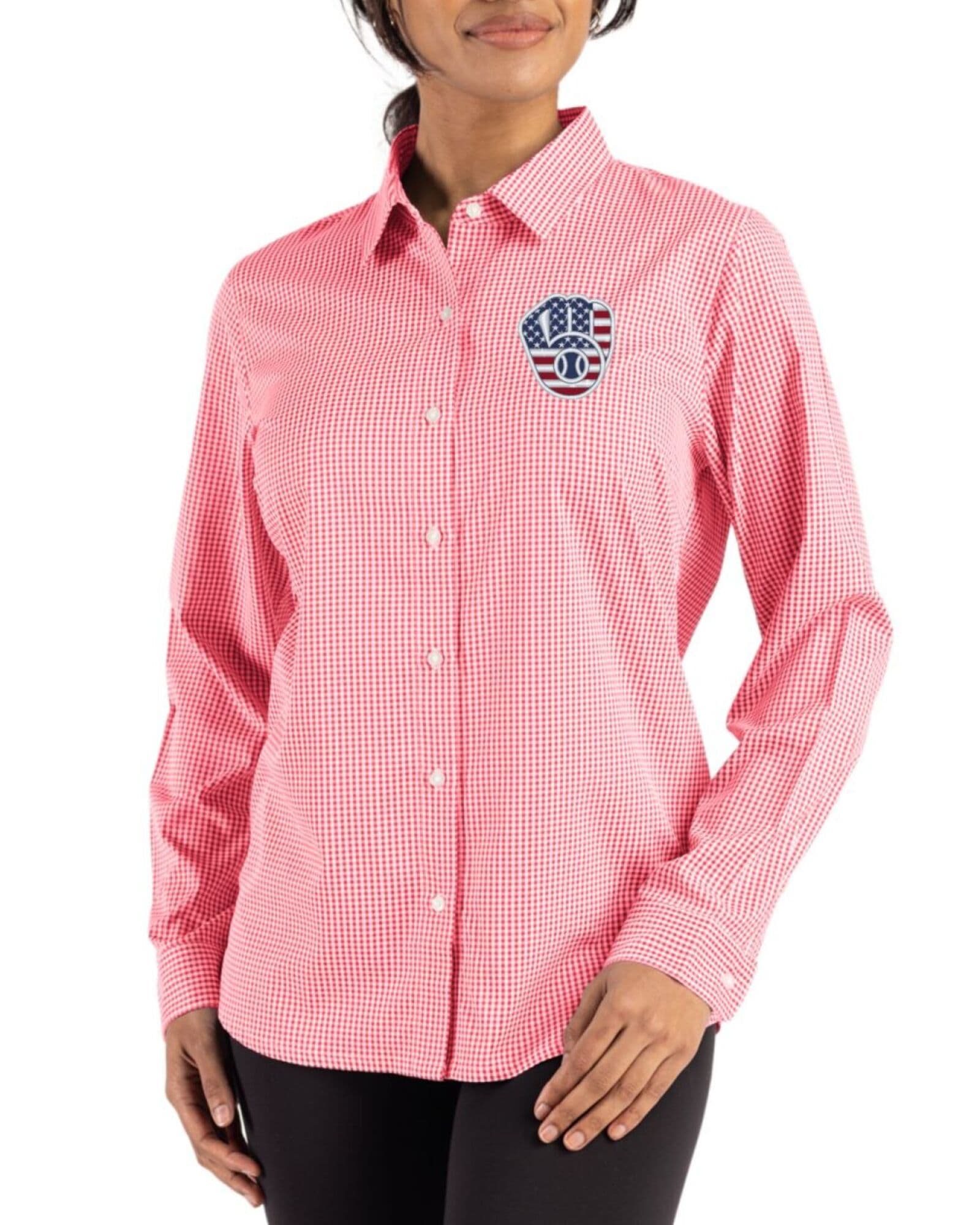 Women's Milwaukee Brewers Cutter & Buck Stars And Stripes Red/White Skyline Gingham Long Sleeve Spread Collar Dress Shirt