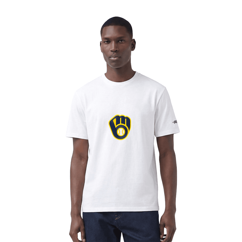 Men’s Milwaukee Brewers White Living Large Cotton Jersey Drop Shoulder Tee by Pro Standard®