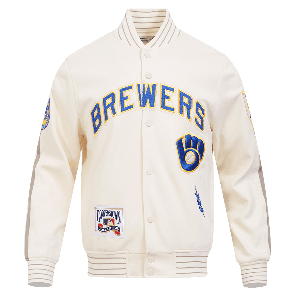 Men’s Milwaukee Brewers Eggshell and Taupe and Eggshell Cooperstown Logo Pro Game Day Double Knit Jacket by Pro Standard®