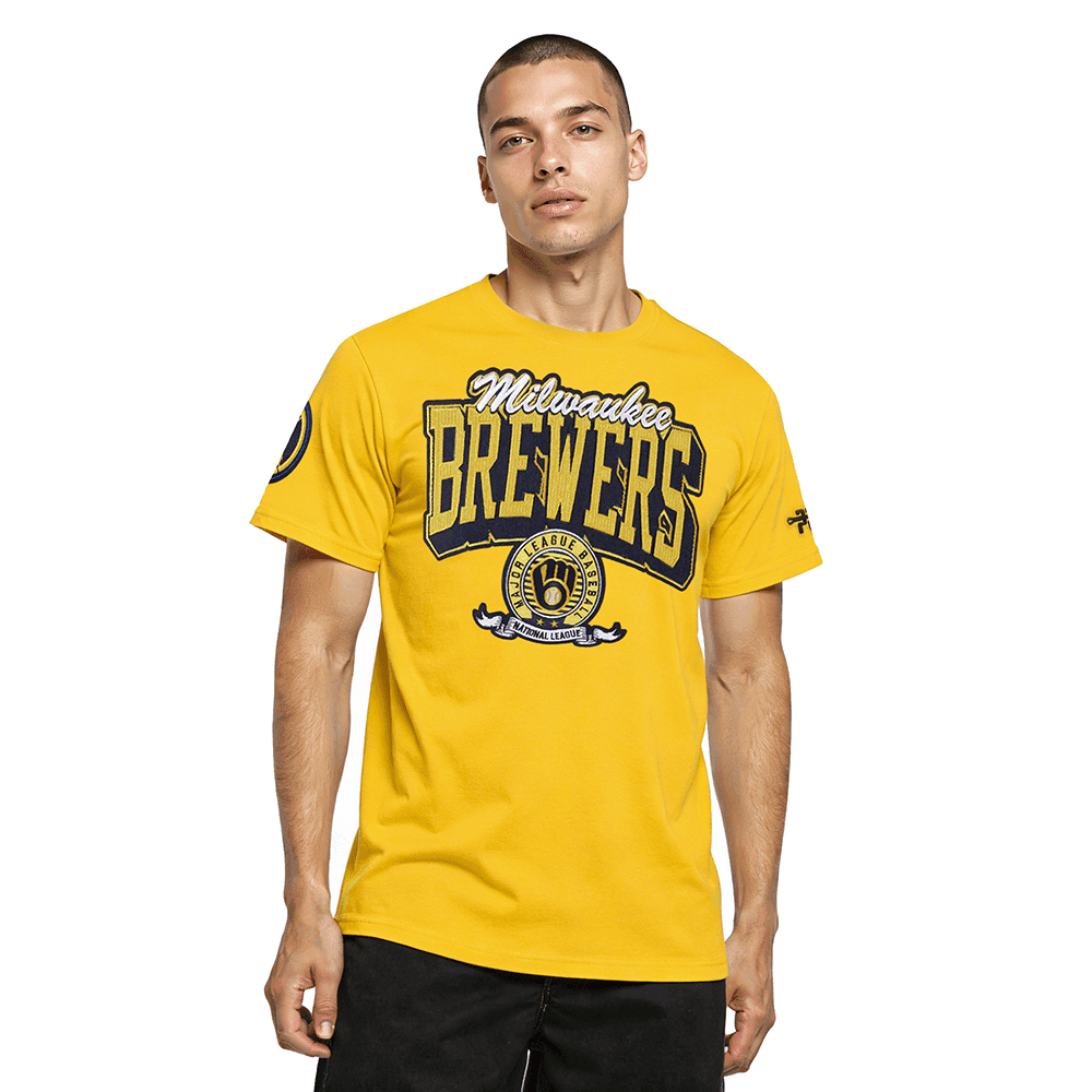 Men’s Milwaukee Brewers Yellow Team Badge Wm Single Jersey Tee by Pro Standard®