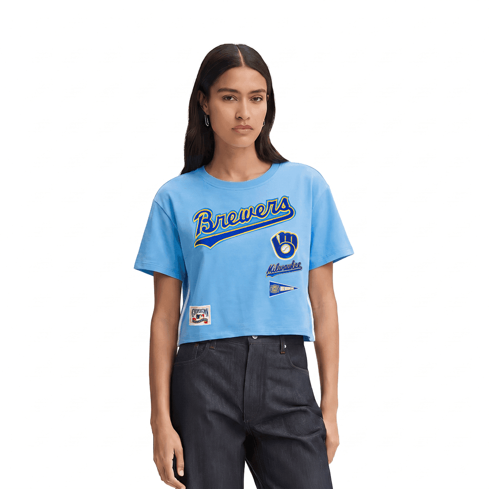 Women’s Milwaukee Brewers University Blue Retro Classics Short Sleeve Boxy Tee by Pro Standard®